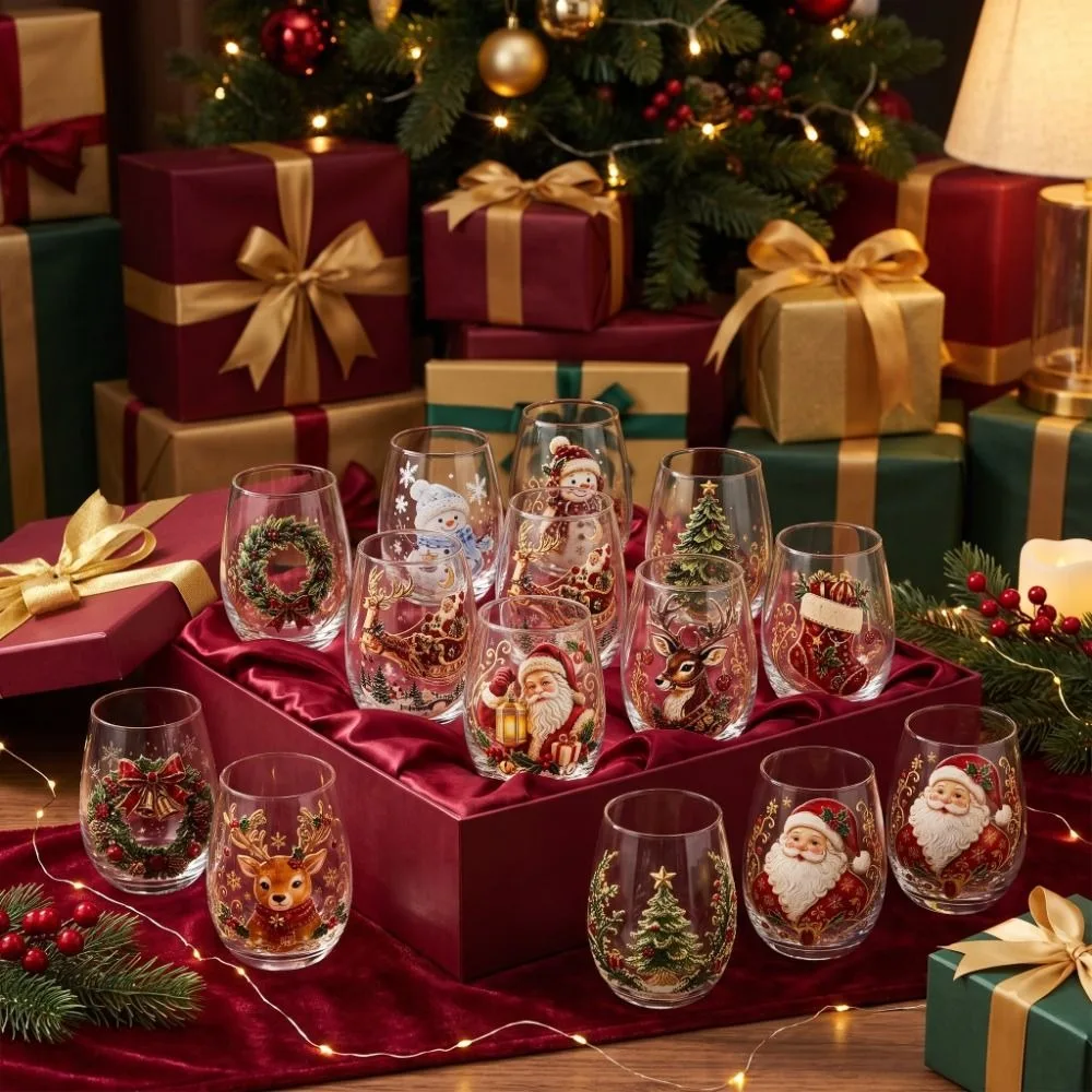 Art Cup Santa Claus Christmas Wine Glass Snowman Tree Xmas Glass Cup Printed Reindeer 2D Patten Glassware Christmas Dinner