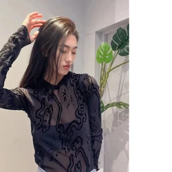 2024 Spring Fashion Versatile Slim Fit Elastic Long Sleeve T-shirt Plush Printed Mesh Bottom Shirt