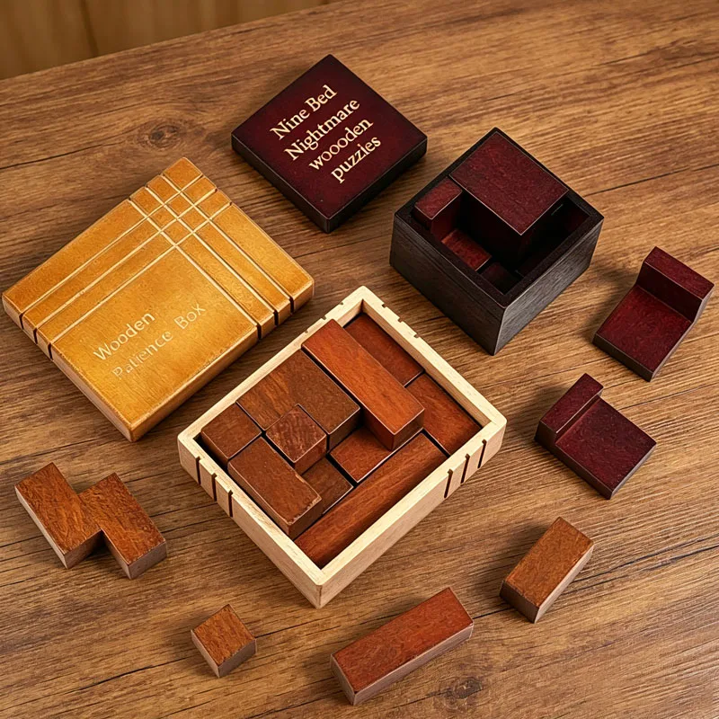 Nine Bed & Patience Wooden Puzzles Box IQ Logic Training Brain Teasers Toys For Kids And Adults Fun Challenge Educational Gifts