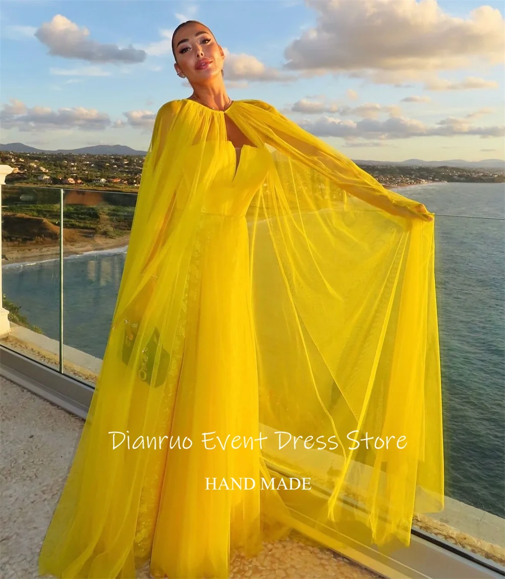 فساتين سهرة عصرية باللون الأصفر من Dianruo من التل على شكل حرف A رداء نسائي متجدد الهواء على شكل كيب فيستدوس دي فييستا أنيقة مخصصة