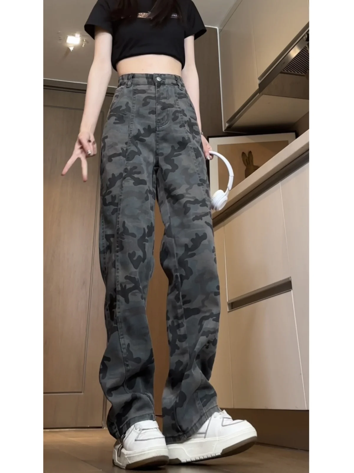 Calças de Trabalho Camufladas Cleanfit para Mulheres, Tamanho Pequeno, Corte A, Cintura Alta, Micro Flare, Estilo Americano