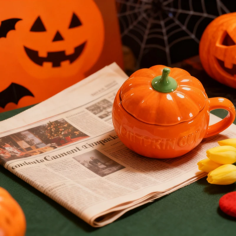 Ceramic Pumpkin Cup Thermos Cup with Lid Exquisite Breakfast Oatmeal Heat-Insulating Scalding-Proof Milk Mug Halloween Gift Cup
