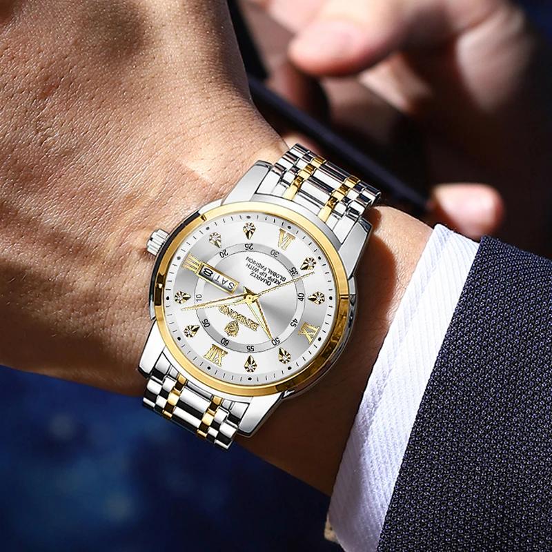 POEDAGAR ساعات عمل فاخرة للرجال تاريخ الأسبوع الفولاذ المقاوم للصدأ كوارتز رجل ساعة مقاوم للماء مضيئة موضة ساعة يد رجالية