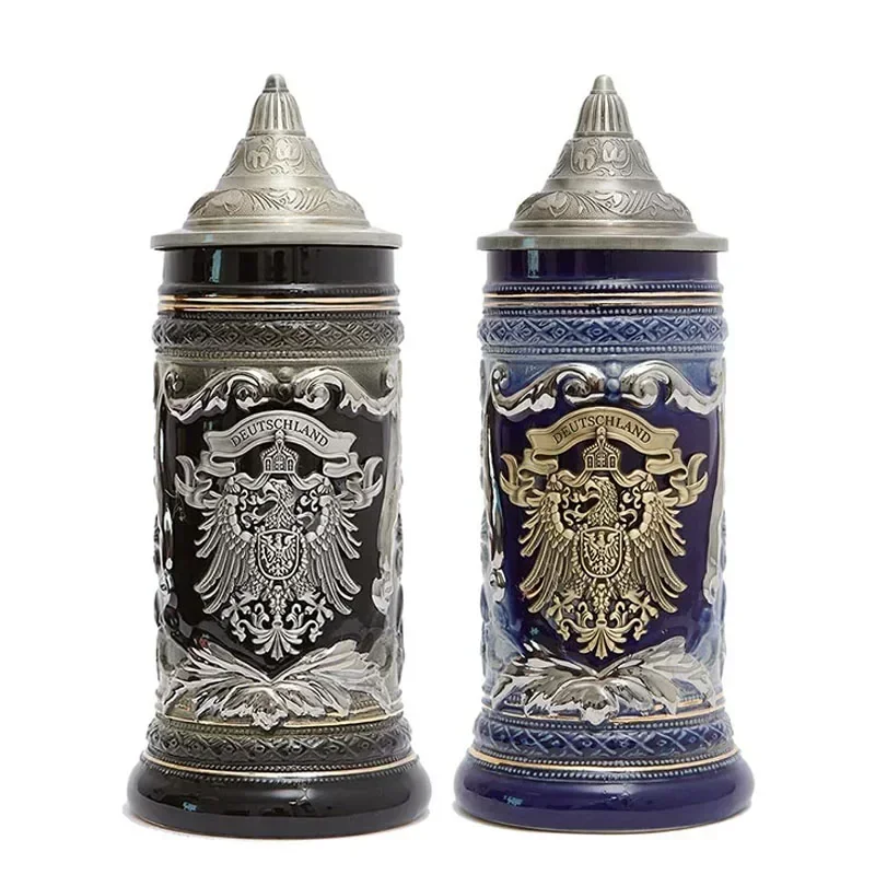 Beer Stein Mug German Eagle Medallion Viking Tankard with Petwer Lid Father's Day Gifts 0.6Liter