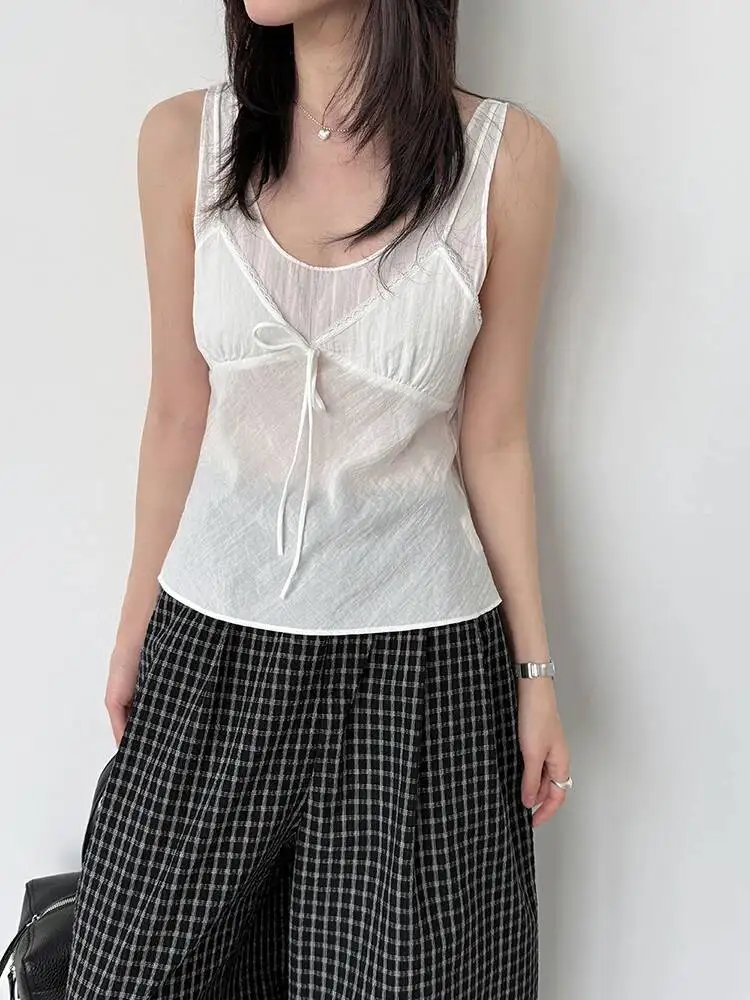 Women Orange Spliced Elegant Tank Tops New Round Neck Sleeveless Personality Fashion Tide Spring Summer