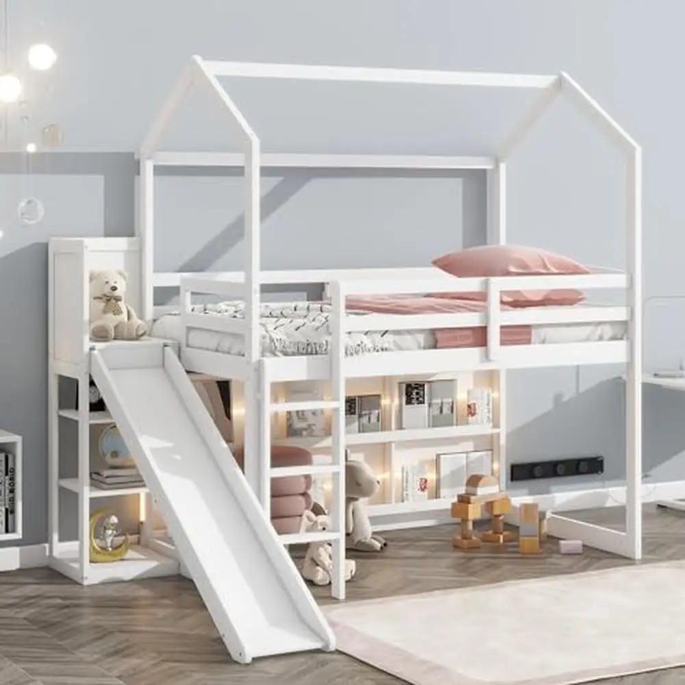 Casa doble para niños, cama Loft con estantes de almacenamiento deslizantes y luz LED, madera baja, barandilla, escalera, casa de juegos, diseño creativo