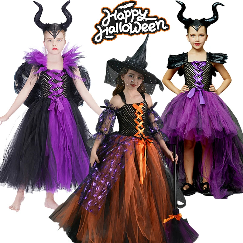 Girls Halloween Costume Maleficent Witch Vampire Cosplay Dress Kids Cosplay Evil Queen Black Mesh Princess Dress Party Ball Gown