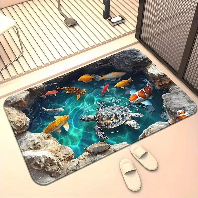 Ocean Theme Sea Turtle Doormat Simulated Quilt Stitch Underwater Coral Starfish Pattern Beach‑Style Home Indoor Outdoor Entryway