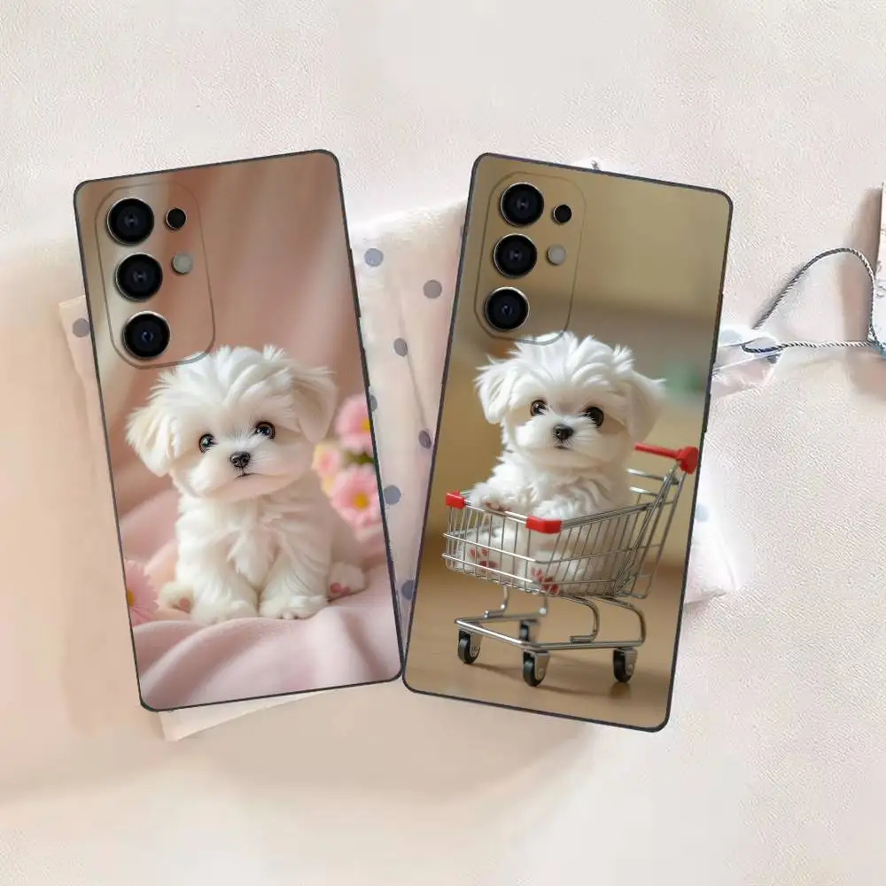 Cute Pet Warm Maltese Phone Case For Samsung S26,25,24,21,22,21,20,10,9,8,7,6,5,Ultra,Plus,Fe,Lite Black Shell