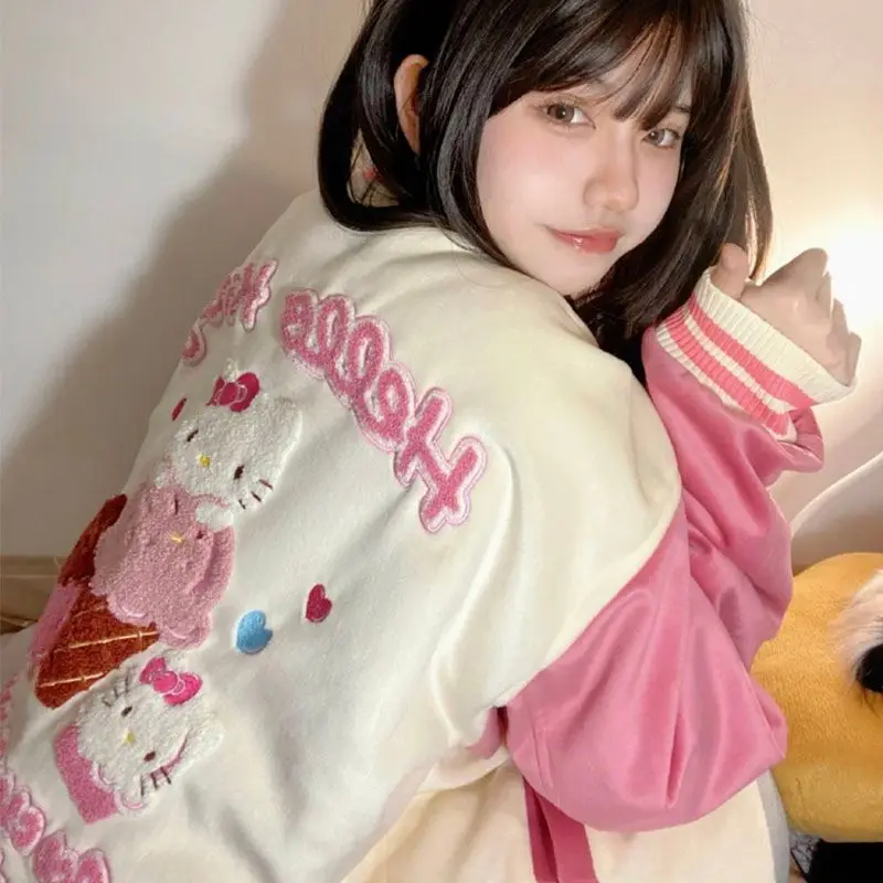 Kawaii Sanrio Hello Kitty Baseball Uniform Jacket Female Autumn Versatile Loose Casual Jacket Anime Cute Cartoon Birthday Gift