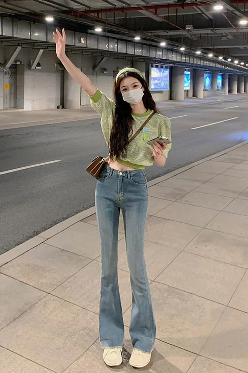 

Джинсовые джинсы-колокольчики с высокой талией в стиле ретро, женские эластичные универсальные длинные брюки, весенне-осенние хлопковые эластичные потертые джинсы