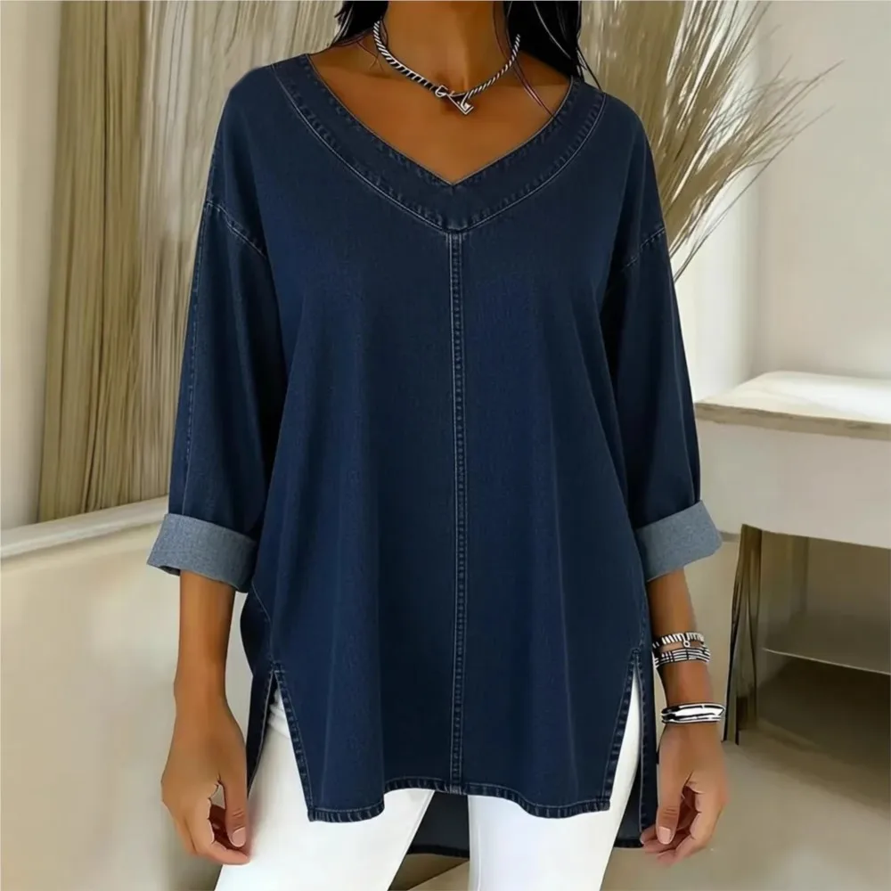 Plus Size Women's Tops Solid Color V-neck Long-sleeved Loose T-shirt Spring Autumn Casual Commuting Office Daily Fashion Blouse