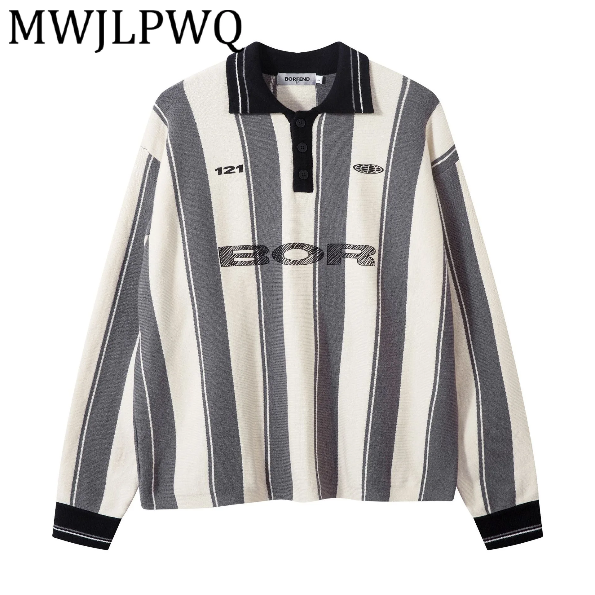 

MWJLPWQ осенний мужской новый американский модный полосатый свитер с цветными блоками High Street мужской повседневный пуловер с лацканами и буквами, топы 21558