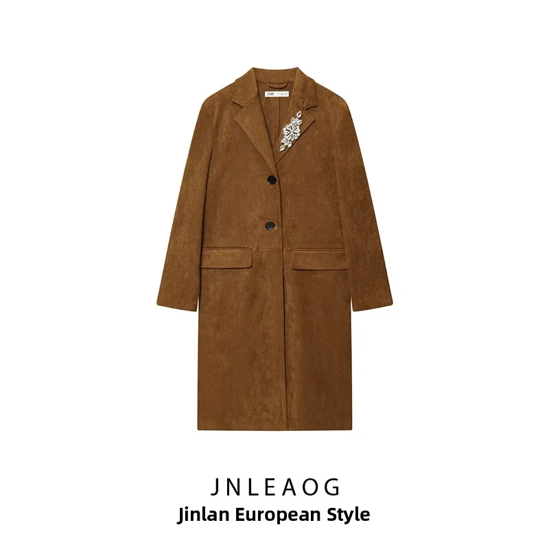 

JNLEAOG Autumn New Women's Faion Reversible Faux Suede Effect Button Coat Jaet Long Sve Suit Collar Belted Pure Color