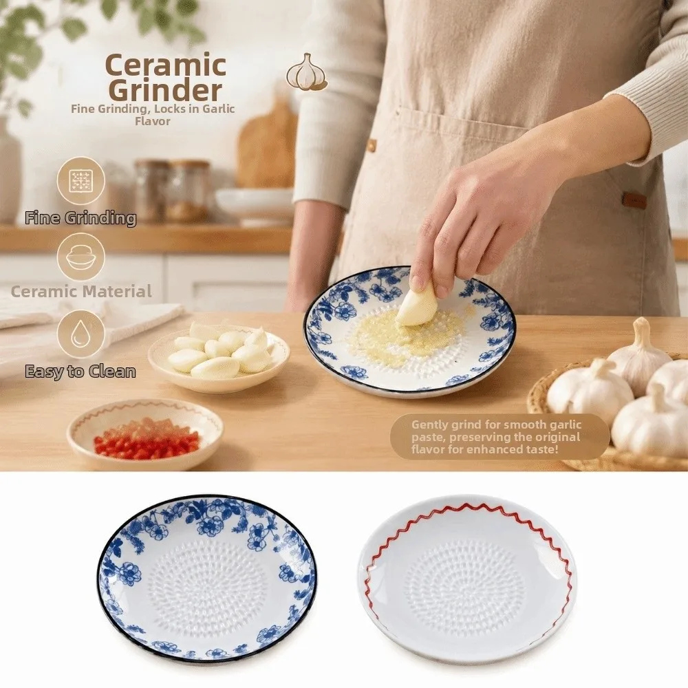 Ceramic Garlic Ginger Grater Non-Slip 2-in-1 Tomato Grater Dish Manual Round Garlic Paste Grinding Tray Restaurants