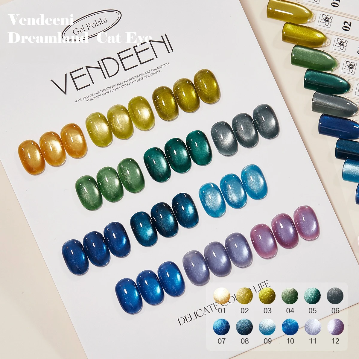 

Vendeeni 12 Colors/Set Crystal Cat Eye Nail Gel Polish Magnetic UV LED Soak Off Gel Varnish Green Blue Cat Eye Gel With Display