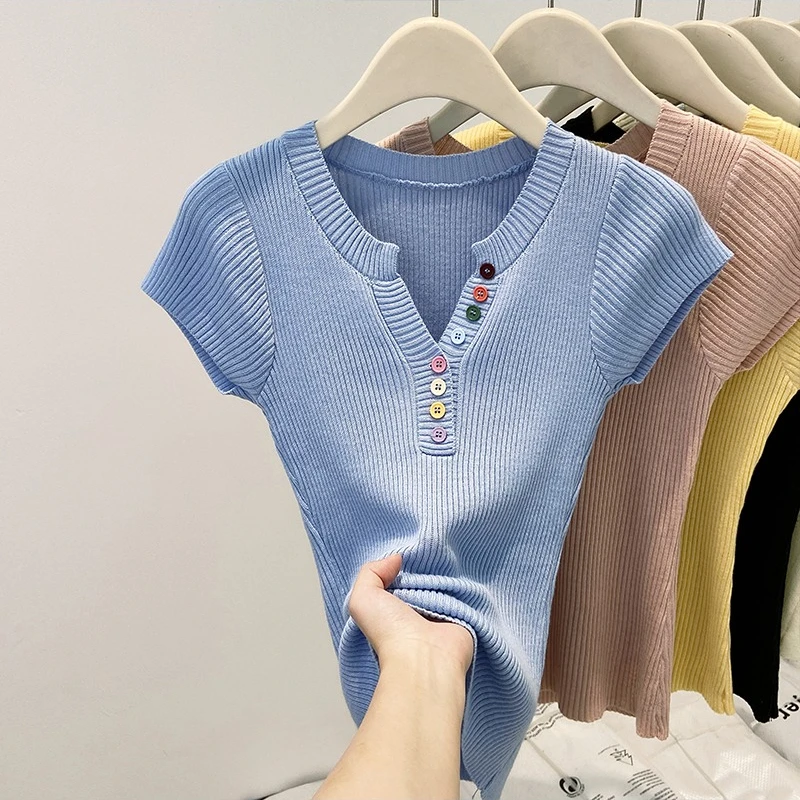 

Women Color Button Knitted T-Shirts Summer V Neck Short Sleeve Thin Tshirts Female Elasticity Slim Tees Y2K Clothes Korean Tops