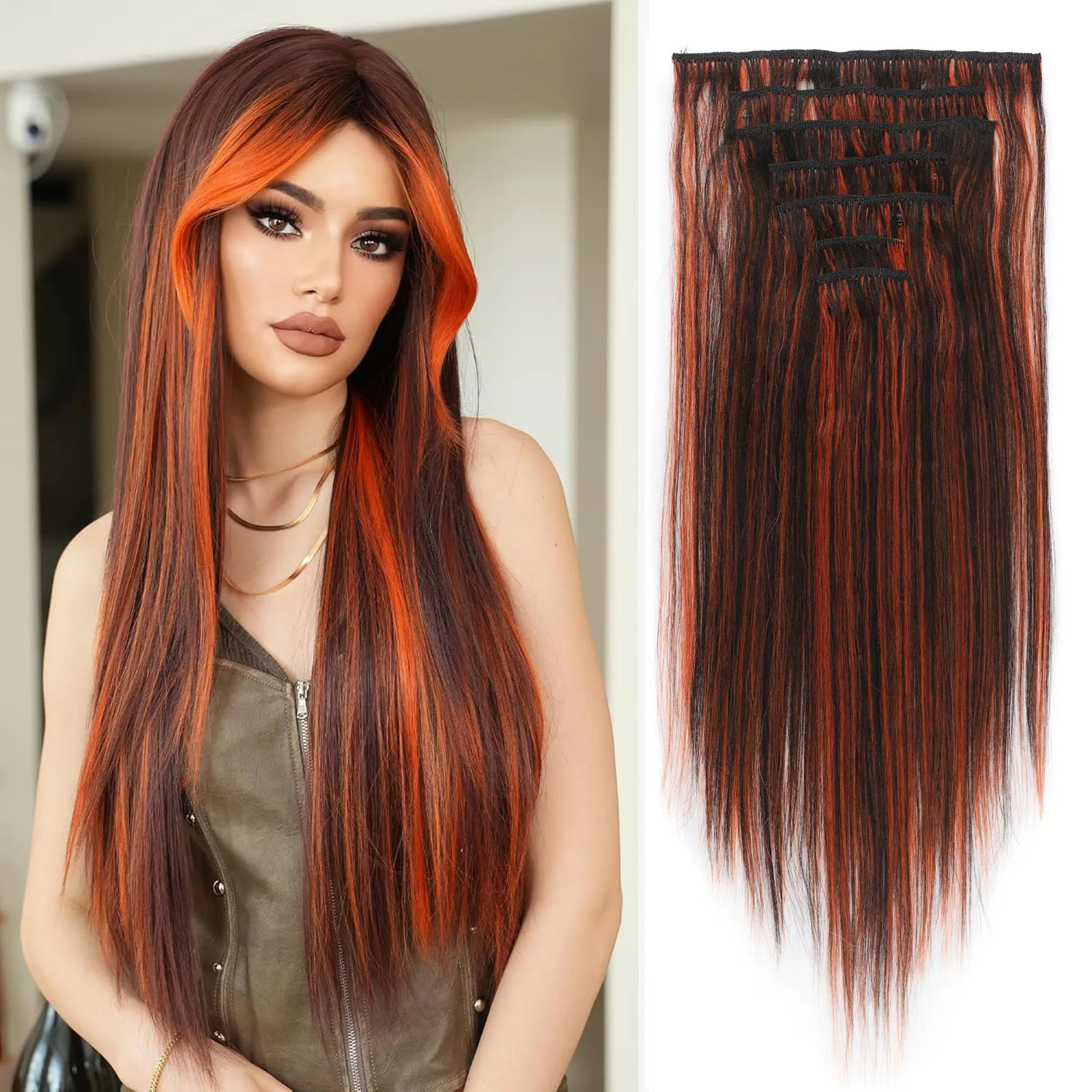 Synthetic Hair 7Pcs/set Clip in Hair Extensions Short Yaki Straight Hair Black Orange Color Hairpiece