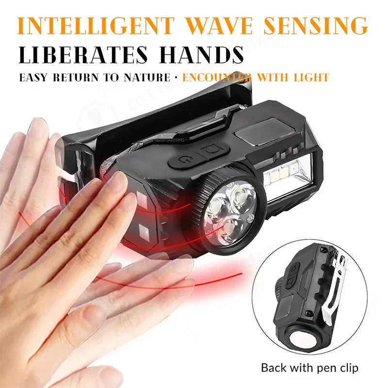 New LED Sensor Headlamp Multi Light Running Flashlight Built In Battery Digital Display Magnetic Mini Headlight