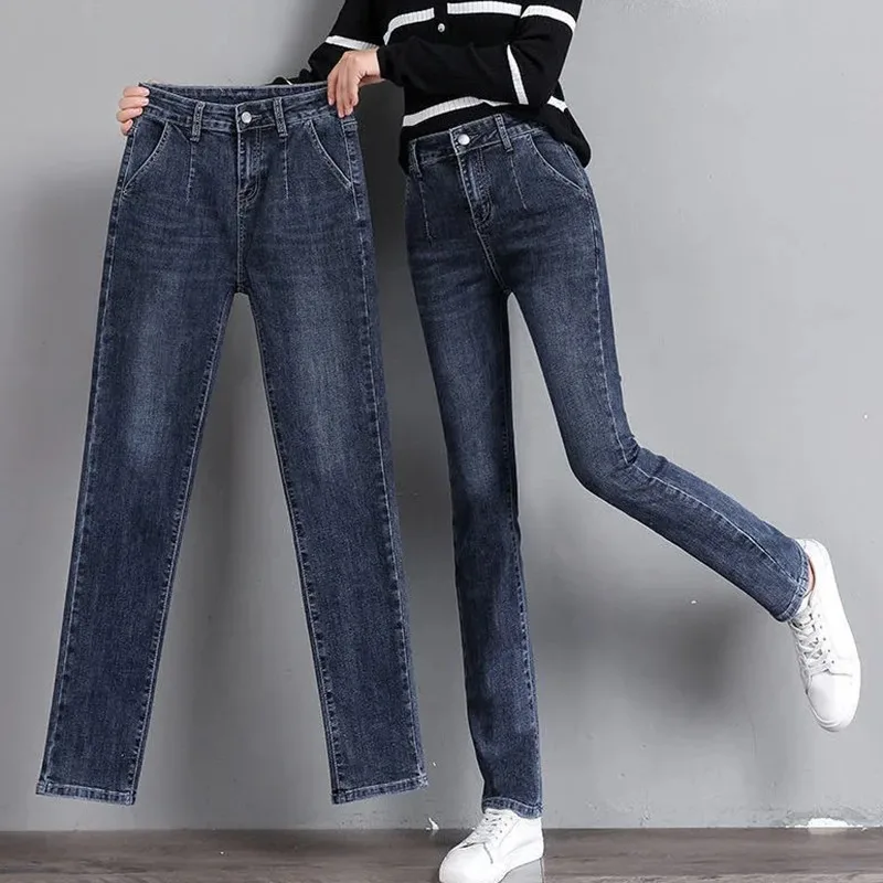 Vintage Women's Straight Jeans Oversized 6xl Casual High Waisted New Korean Fashion Slim Black Denim Pants Pantalon De Mujer