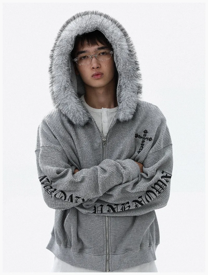 American Style Y2K Subculture Gothic Embroidered Fur Collar Cardigan Sweatshirt Youth Trendy Hooded Winter Coat Couple Matching