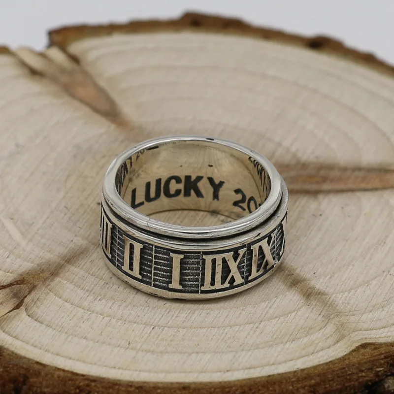 

925 sterling silver Thai silver rotatable European and American punk hip-hop trend LUCKY ring, personalized men's Roman number r