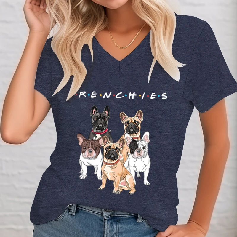 Women\'s Clothing Frenchies Friends Graphic T Shirts Women Fashion Funny French Bulldog Lover Gifts V-neck Summer Short Clothes