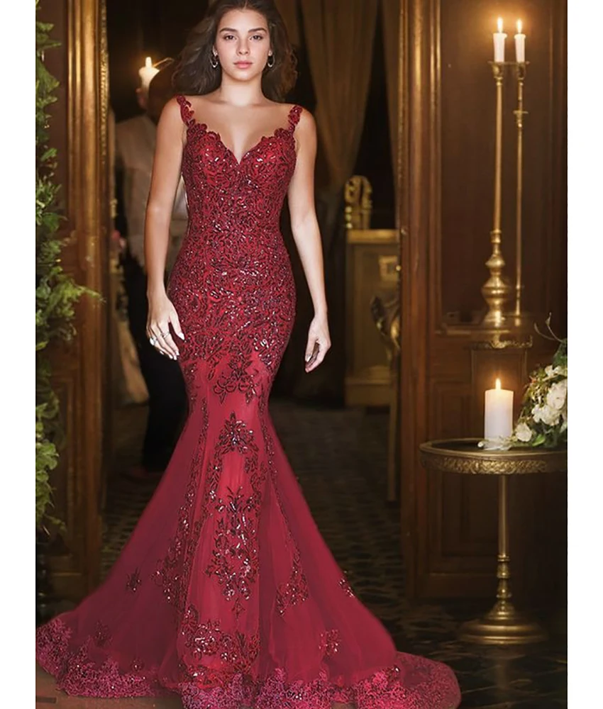 

Customized Luxury Organza Mermaid Appliques Sequined Evening Dress High Quality Sleeveless V-Neck Floor Length prom dresses