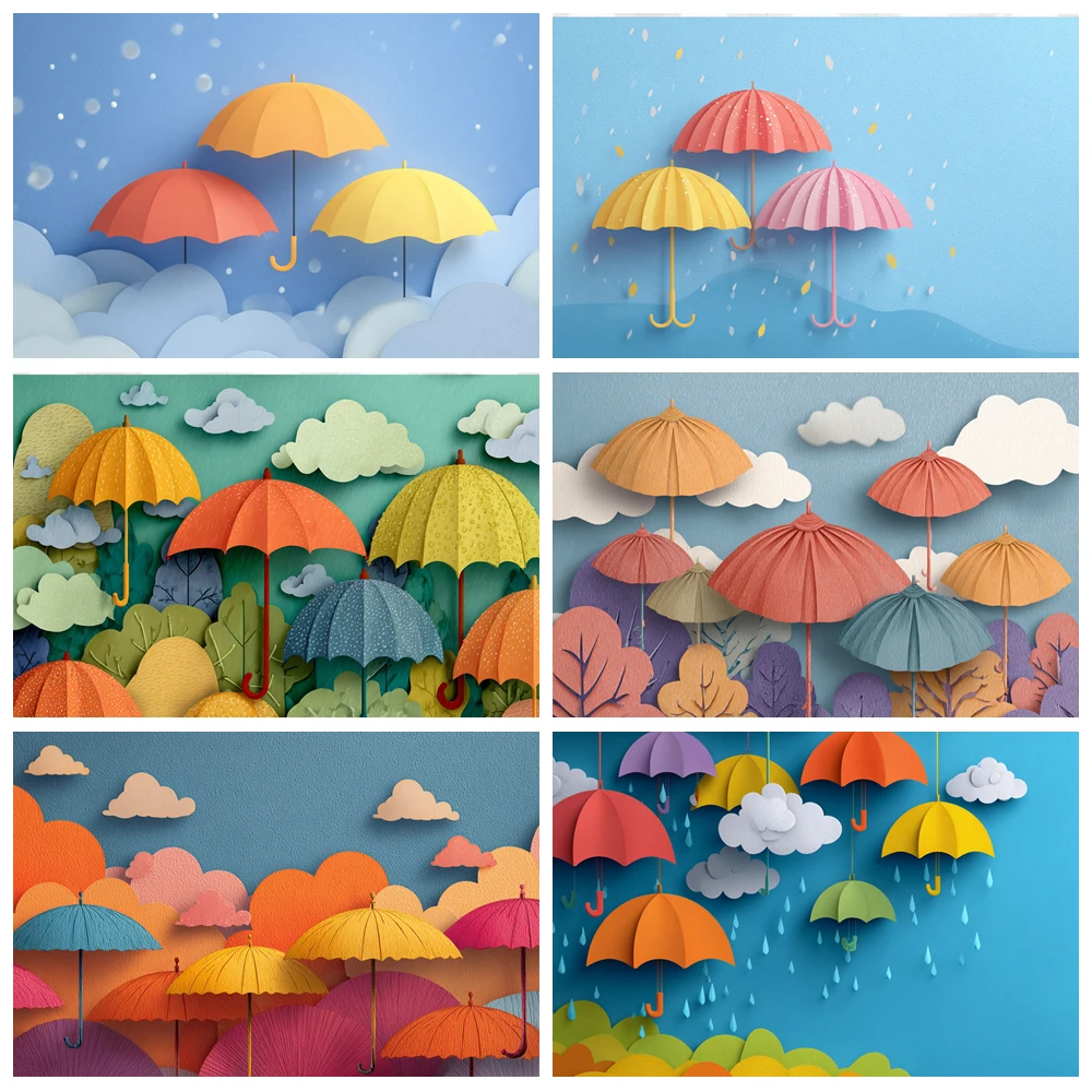 

Colorful Umbrella Raindrop Photo Background Raindrops Clouds Children's Birthday Rainy Themed Party Photography Backdrop