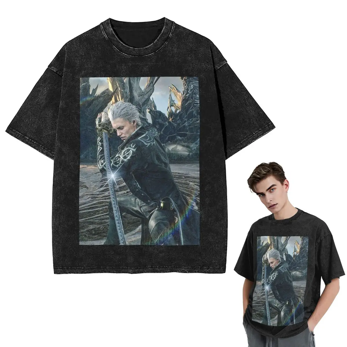 Streetwear T-Shirts Vergil From The Devil May Cry Seri Washed T Shirt Short Sleeve Hip Hop T-Shirt Tops Tees for Men Women