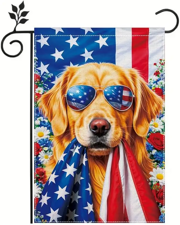 Patriotic Golden Retriever Garden Flag, 12x18 Inch Outdoor Decor with US Flag Sunglasses and Red White Blue Flowers, Fourth  WWP