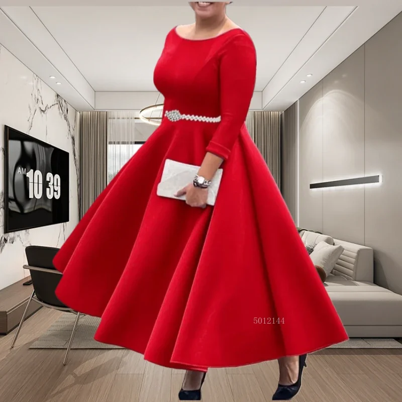 Luxury Dresses for Woman O Neck Full Sleeve Belt Waisted High Waisted Pleated A Line Ankle Length Elegant Female Birthday Gowns