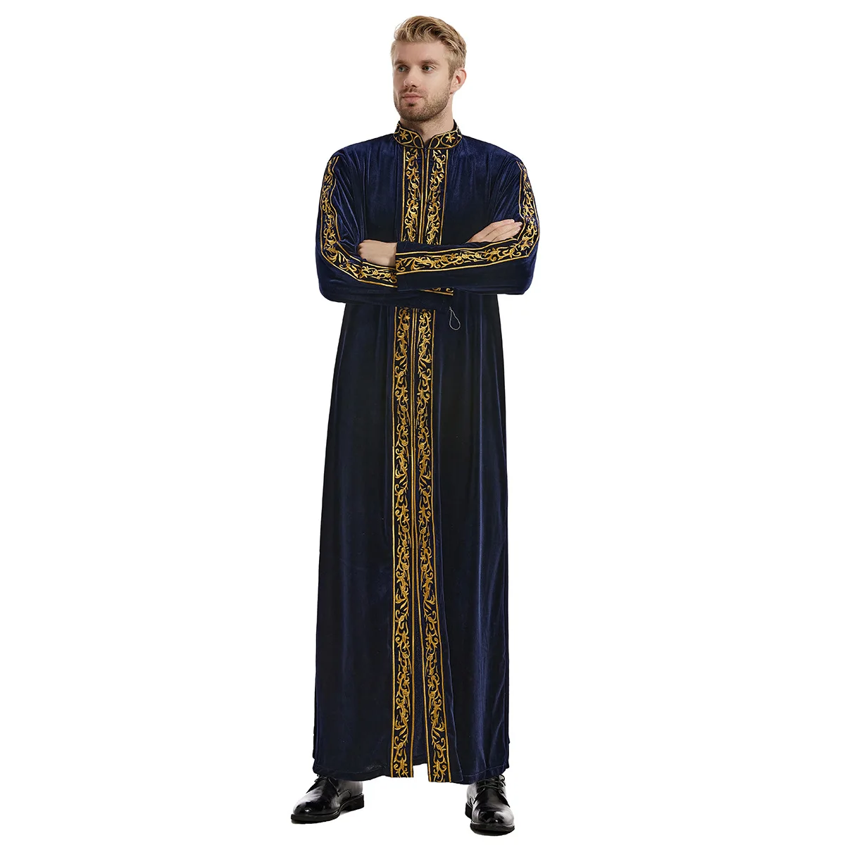 Men's Muslim Velvet Embroidered Zipper Robe Middle Eastern Men Long Sleeves Ramadan Eid Jubba Thobe Dubai Islamic Clothing