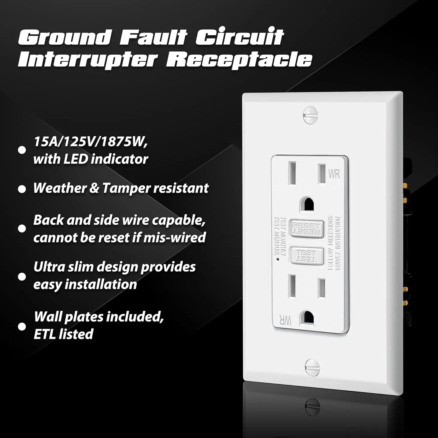 10-pack, Outdoor Weather resistant (WR), ultra-thin GFI socket, LED indicator, Ground fault Circuit breaker