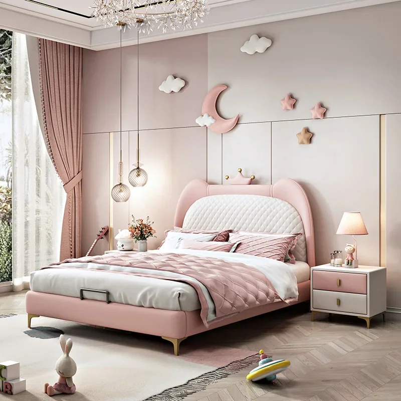 Children's furniture Children's bed Princess bed Modern simple girls bedroom Pink light luxury single bed Soft bag leather art