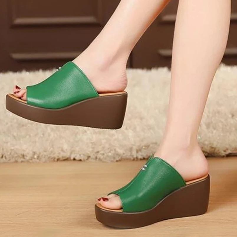 2025 مفتوح اصبع القدم أحذية من الجلد الحقيقي امرأة الصيف الصنادل خارج ارتداء النعال موضة سوبر عالية الكعب #6