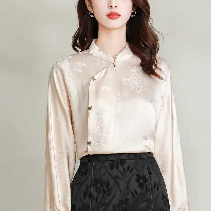 Women's Chinese Style Silk Shirt, Satin Blouses, Loose Prints Clothing, Long Sleeves, Floral Women Tops, Spring, Summe