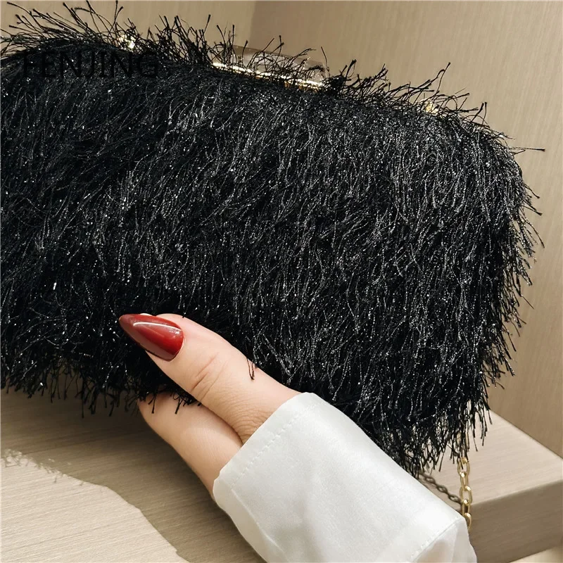 Cute Fluffy Women Tassel Feather Handbag Evening Clutch Bag for Prom Banquet Clutches Metal Chain Crossbody Messenger Purse Prom