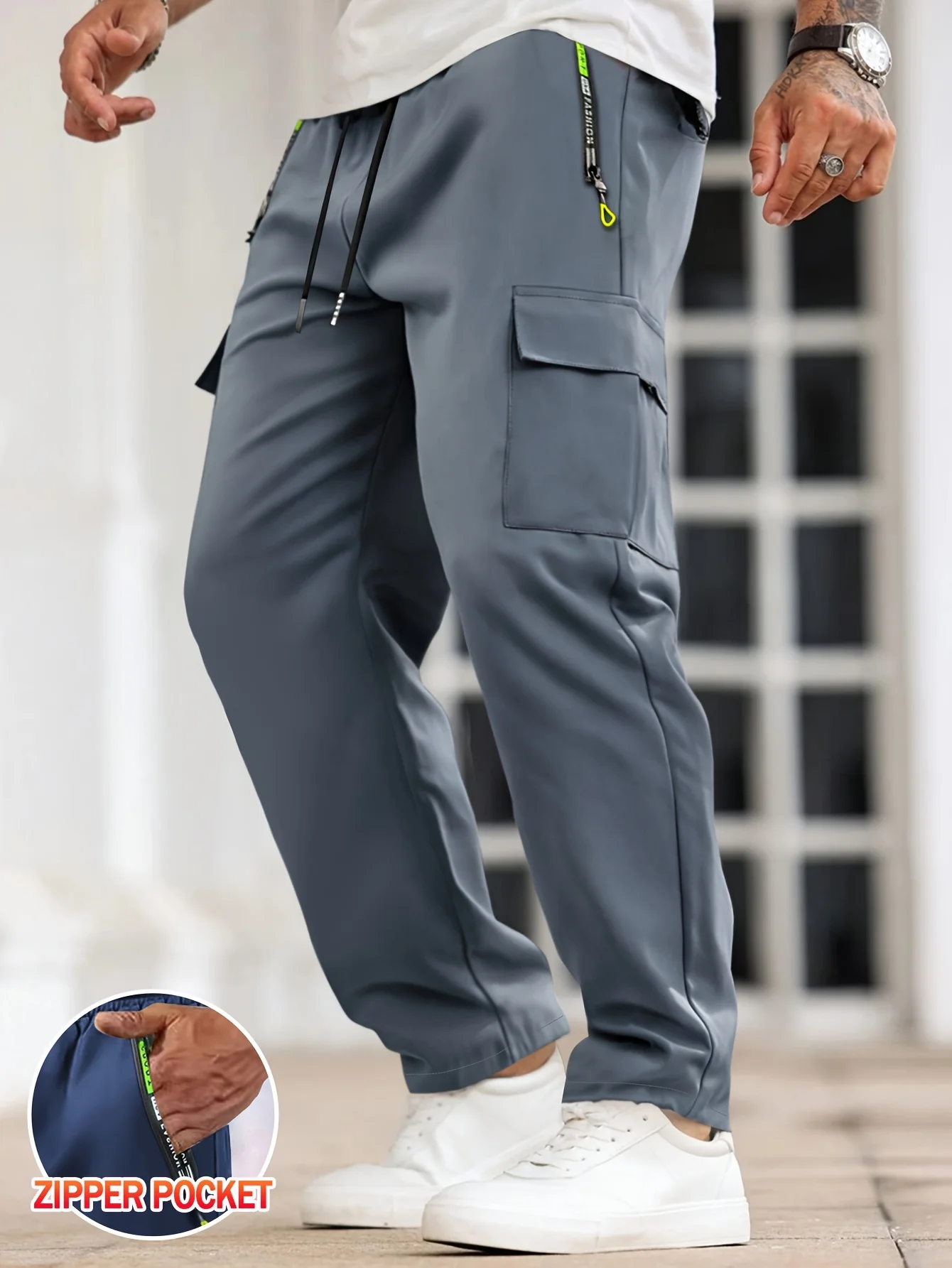 

Men's Outdoor loose cargo Pants - Durable Polyester Multiple Pockets Elastic Waistband with Loops Lightweight and Breathable