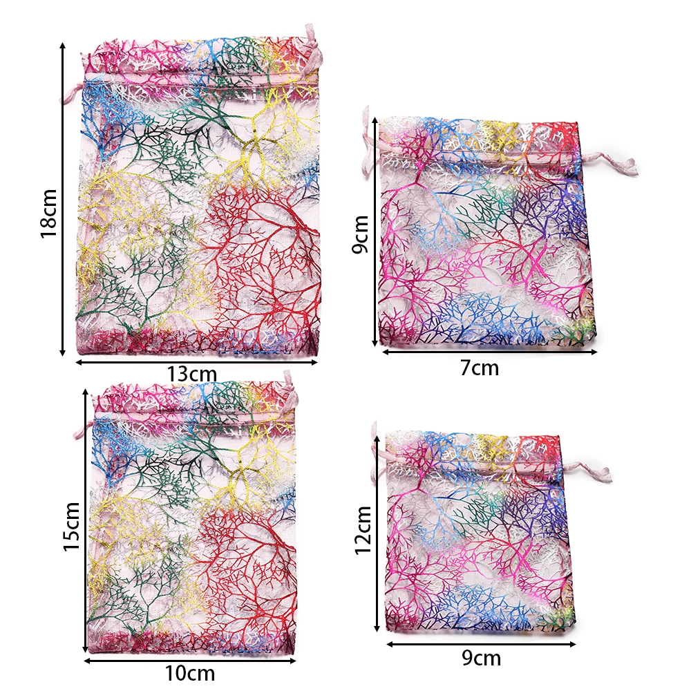5Pcs/Lot Organza Gift Bag Jewelry Packaging Drawstring Bag Multi-size Colorful Trees Printing Party Wedding Candy Gift Bag
