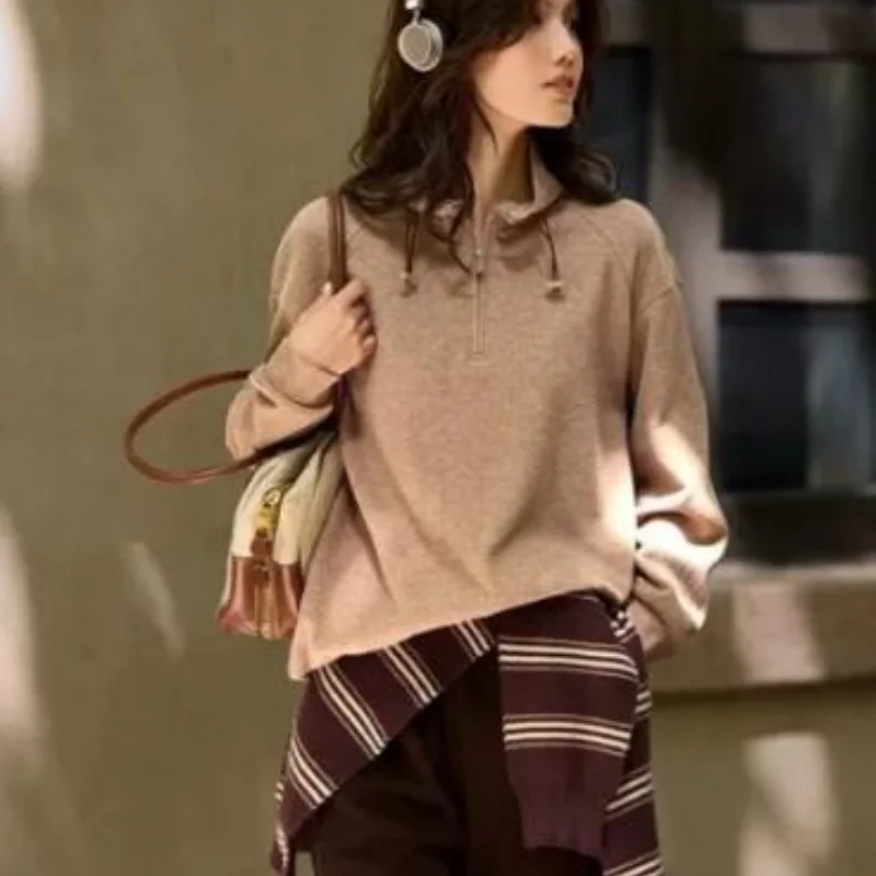 

Толстовка с воротником-стойкой, удобная, нейтральная, свободного кроя, унисекс, теплая, для многослойных образов, новая зимняя модель, свободный крой, повседневная, с длинным рукавом