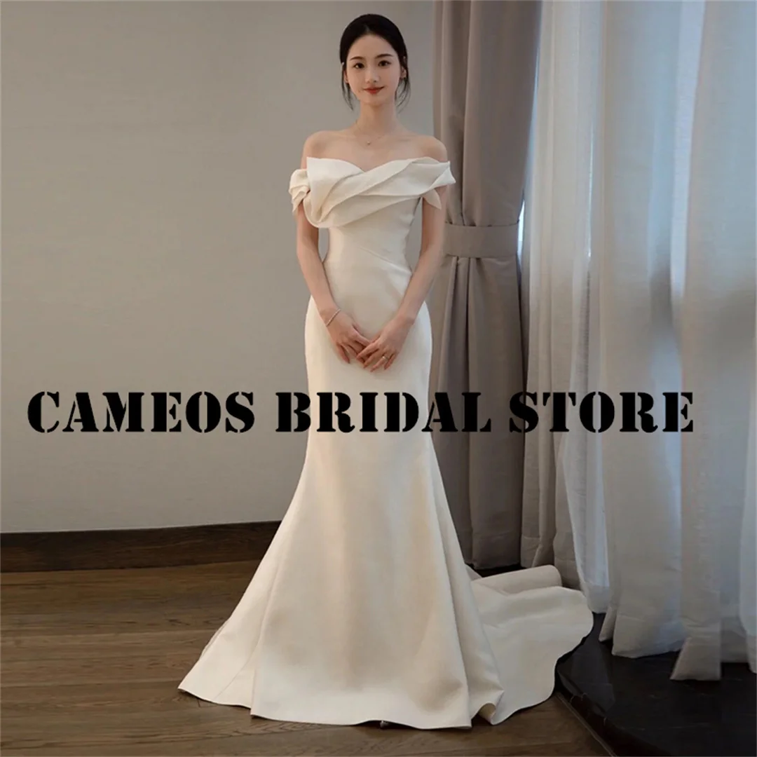 SONDR Custom Made Satin High End Wedding Dresses Off the Shoulder Short Sleeves Ruched Ivory Bride Gowns Women Bridal Dresses