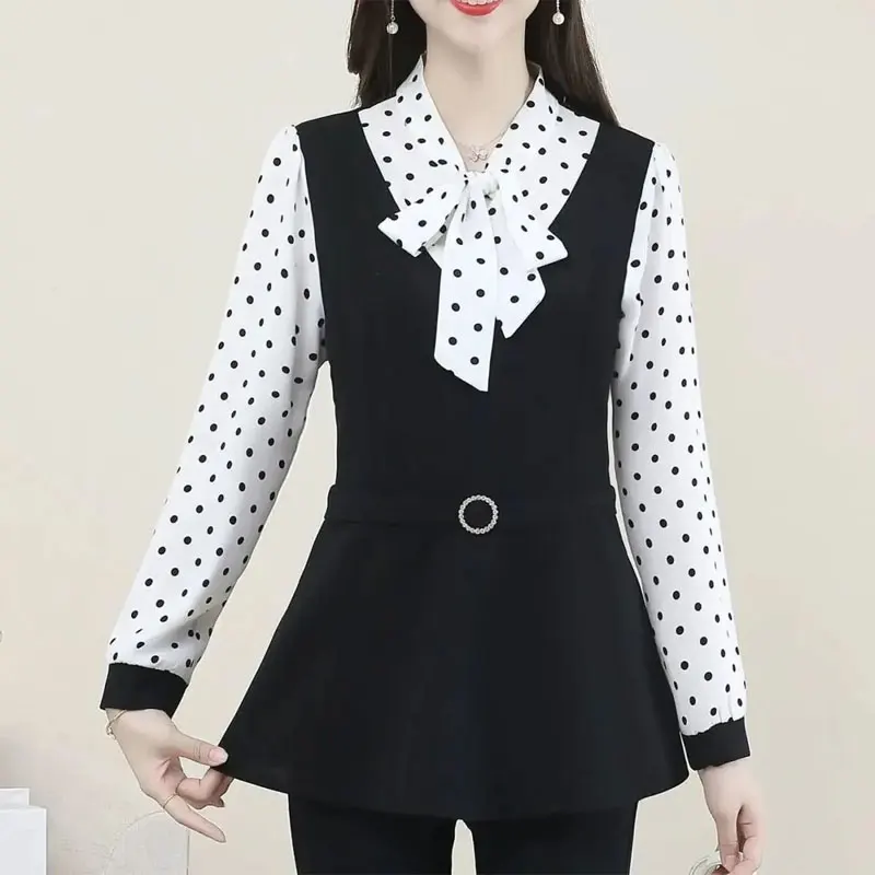 

Office Lady Stylish Drawstring Bow Shirt Elegant V-Neck Autumn Polka Dot Printed Leopard Female Slim Waist Sashes Blouse XQ136