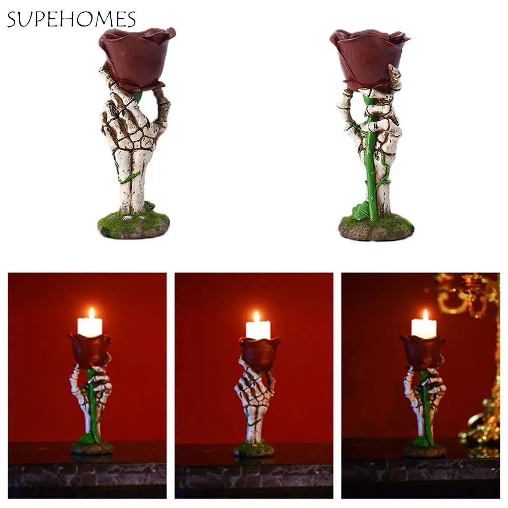 

Gothic Style Skull Candle Holders Resin Skeleton Hand Skull Candlesticks Realistic Rose Flower Skeleton Hand Halloween Ornaments