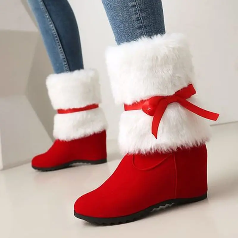 Festive Red Wedge Boots Women Fluffy White Fur Cuff & Red Bowknot Round Toe Warm Fleece Lined Winter Holiday F600