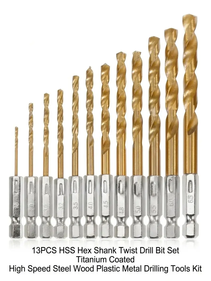 13Pcs 1/4Inch Hex Shank HSS Titanium Twist Drill Bit Set Wood Plastic Metal Electric Screwdriver Impact Driver Multifunction