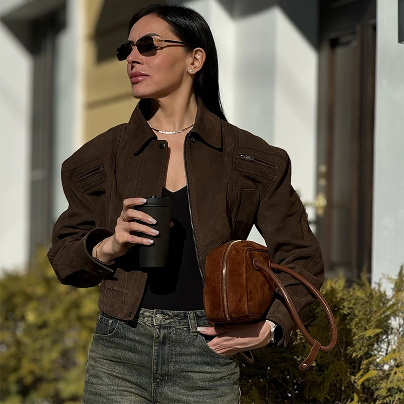 Vintage Suede Jacket For Women Long Sleeve Pocket Turn-down Collar Zipper Short Coat 2025 Autumn Winter Streetwear Lady Outwears