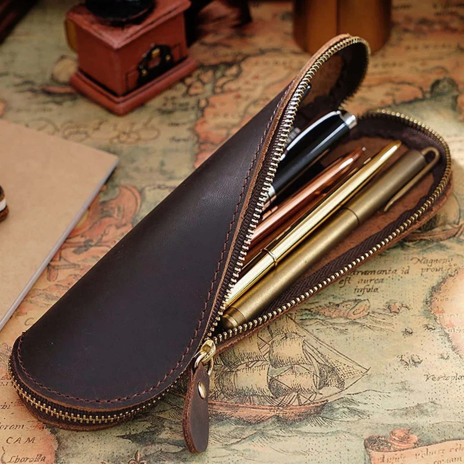 

Genuine Leather Zipper Pen Case Vintage Cowhide Creative Pencil Pouch Holder Pens Storage Bag School Stationary Supply