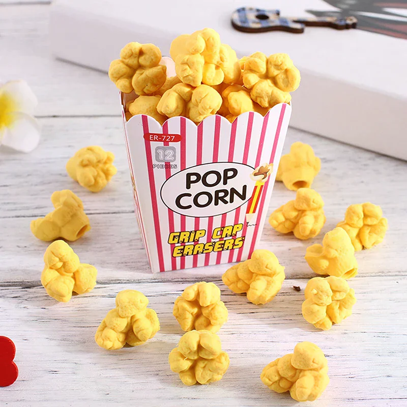 12pcs/box Cute Popcorn Shape Erasers Cute Stationery Pencil Rubbers Eraser Wipe Clean Without Leaving Marks Stationery