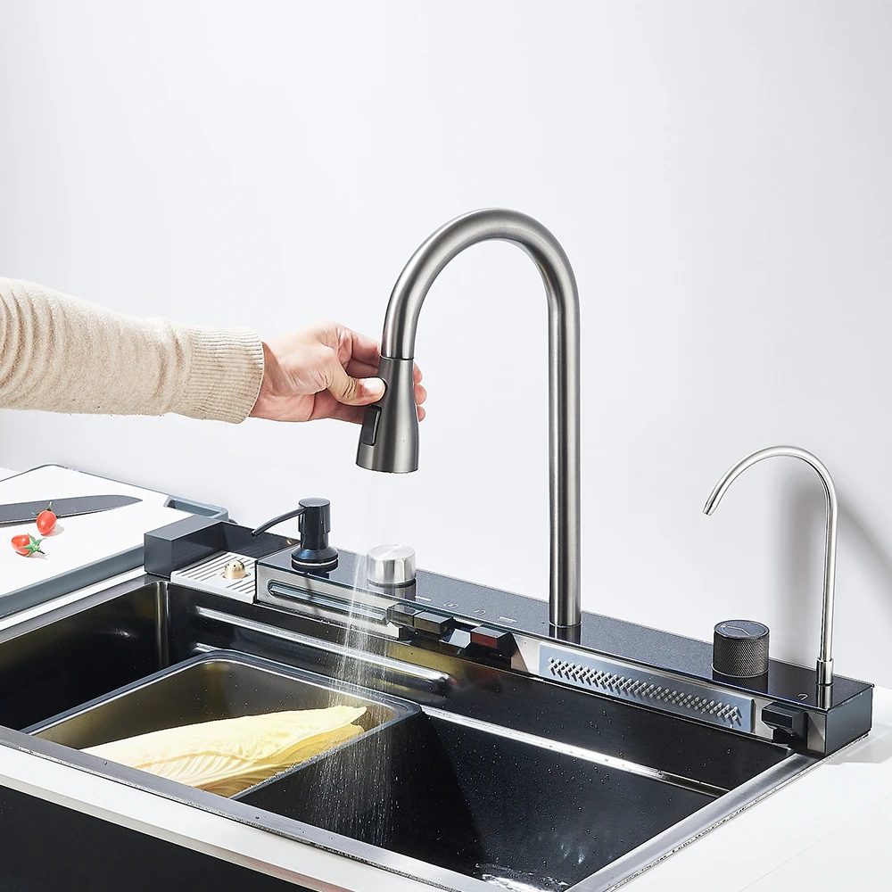 حوض شلال للمطبخ من الفولاذ المقاوم للصدأ ، شاشة رقمية ، حوض كبير للطبق الواحد ، شلال يعمل باللمس متعدد الوظائف ،